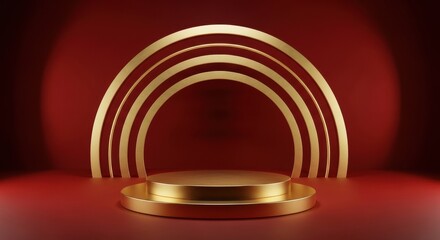 Obraz premium Luxurious gold podium with multiple concentric arches against a deep red background: Elegant fashion or special event display.