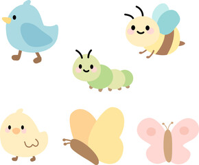 파스텔톤 봄 동물과 곤충 일러스트 세트
