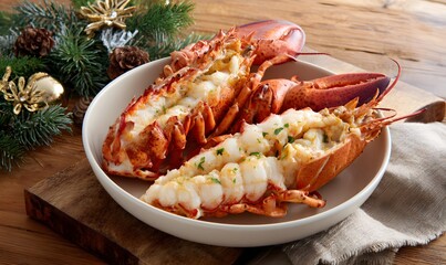 Two large, grilled lobsters are placed whole in a bowl on a wooden table.