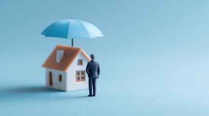 A businessman in a suit holds a blue umbrella over a miniature house. This scene represents the idea of home insurance and property protection in a studio setting with simple background
