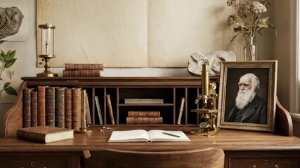 A meticulously arranged classic wooden desk showcases a rich atmosphere of historical intellectualism and scientific inquiry. The scene features an antique brass microscope, an open notebook with a pe