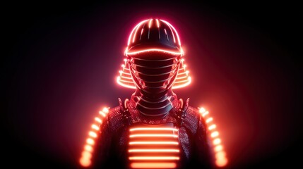 A futuristic figure in a glowing suit, illuminated by neon lights, standing against a dark backdrop, exuding a sci-fi aesthetic.