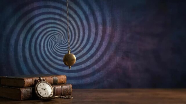 A mesmerizing golden pendulum swings gracefully against a dark, textured background featuring a subtle hypnotic spiral pattern. In the foreground, antique leather-bound books and a classic pocket watc