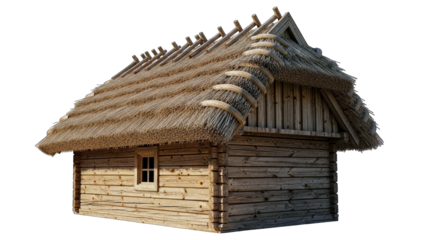 Wooden Cottage with Thatched Roof Isolated