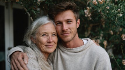 Fototapeta premium An older mother is embracing her adult son with a genuine smile. They are enjoying a warm moment together outdoors in bright daylight with natural surroundings