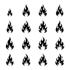 Sixteen distinct fire flame vector silhouettes illustrating various burning shapes and heat energy symbols