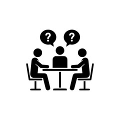 Three people vector silhouette meeting at a table with question marks above their heads indicating confusion or discussion