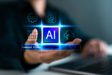 Hand holding glowing AI icon with command prompt and tech interface. Concept of artificial intelligence, machine learning, data analysis, cloud computing, and software development innovation.