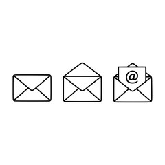 Three envelope icons vector silhouette showing closed, open, and email communication symbols for web design