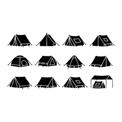 Twelve camping tent vector silhouette collection featuring various outdoor shelter shapes isolated on white background