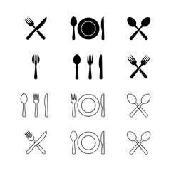 Vector silhouette icons of restaurant cutlery and kitchen utensils including forks spoons knives and plates