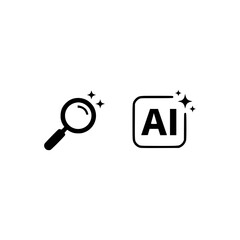 Vector silhouette of a magnifying glass and an artificial intelligence symbol with discovery sparkles