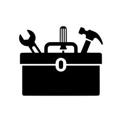 Vector silhouette of a traditional toolbox filled with essential hand tools like a wrench hammer and screwdriver.