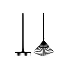 Vector silhouette of two essential garden rakes a standard rake and a leaf rake for outdoor maintenance tasks isolated