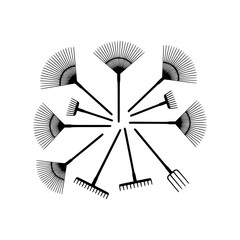 Vector silhouette of various garden rakes and a pitchfork arranged in a circular pattern on a clean white background