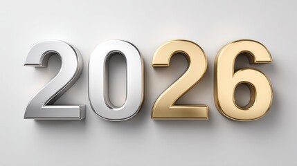 Silver and Gold Numbers 2026 on White Background Modern Minimalist Design