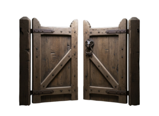 Wooden Gate Opened with Ram's Head Knocker, Isolated