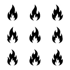 Vector silhouette set of nine fire icons representing heat energy danger and warning signs for various uses