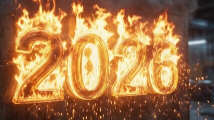A powerful and dramatic visual features the bold numerals '2026' intensely burning with vibrant orange and yellow flames against a dark, textured background. Fiery embers and sparks erupt and dance ar