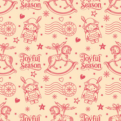Hand-drawn doodle style Christmas seamless pattern with Nutcrackers and rocking horses. Vintage monochrome background is perfect for fabric, wrapping paper, and festive designs