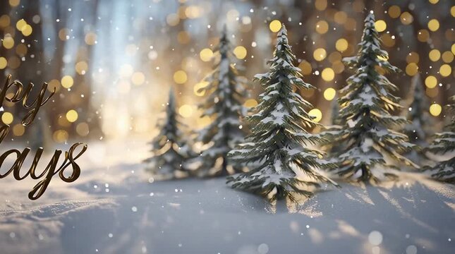 Happy Holidays animation of snow-covered pine trees with warm bokeh lights in a serene winter landscape with suitable festive ambiance in a snowy forest.