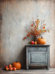 Autumn Still Life: Pumpkins, Apples, and Fall Branches on Vintage Table