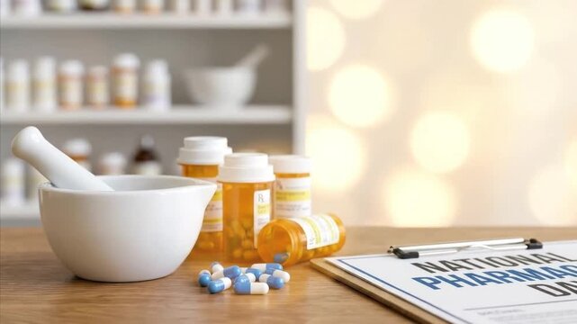 A professional close-up shot captures a clean wooden counter laden with essential pharmaceutical items. A traditional white mortar and pestle sits prominently on the left, symbolizing the art of compo