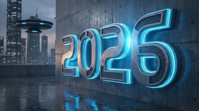 A prominent, dynamically rendered "2026" sign, crafted from sleek metallic elements and illuminated with vibrant blue neon light, is securely affixed to a textured concrete wall. The backdrop reveals 
