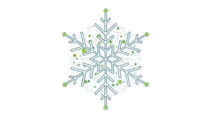 Abstract geometric snowflake design with green accents on a white background.