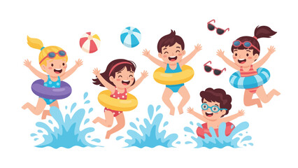 Children are having fun splashing in the water with swim rings.