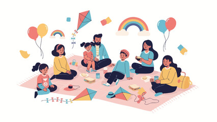 A diverse family enjoys a picnic with kites and balloons outdoors.