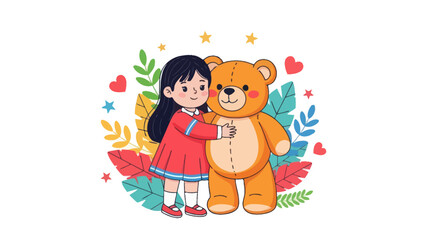 Happy girl hugging a teddy bear with colorful leaves and stars.