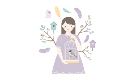 Girl holds a bird in a cage surrounded by nature elements