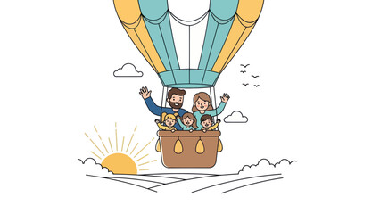 Happy family in a hot air balloon at sunrise