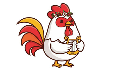 Cute cartoon rooster playing a harp with a flower crown.