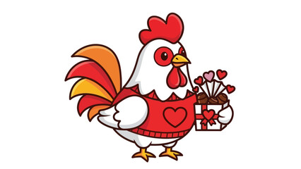 A cute cartoon rooster holds a gift box filled with heart chocolates.