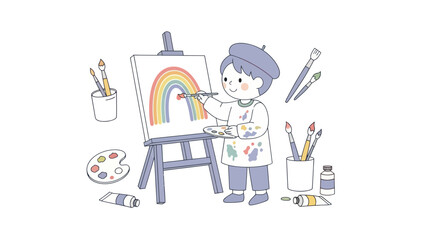 Young child paints a colorful rainbow on canvas with art supplies.