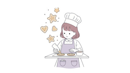 A little baker decorates cookies with frosting