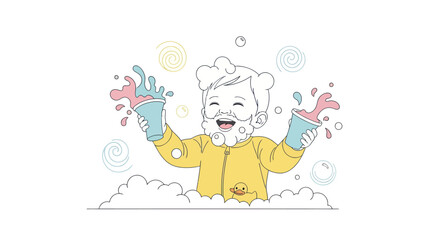 Joyful baby playing in a bubble bath with colorful splashes.