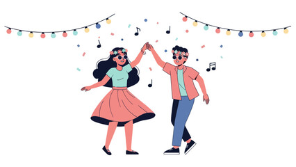 Joyful young couple dancing at a festive party with lights and confetti.