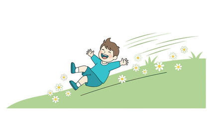 Happy child sliding down a grassy hill with flowers and wind.