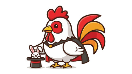 Cute chicken magician with a bunny in a hat