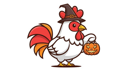 Cute Halloween Rooster Wearing a Witch Hat and Holding a Jack-o'-Lantern