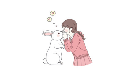 A girl whispers a secret to a cute rabbit with hearts floating