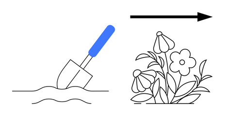 Gardening, growth, cultivation, agriculture, environmental care, nature. A shovel digging soil with a blooming flower. Gardening and growth concept through tools and blooming plants