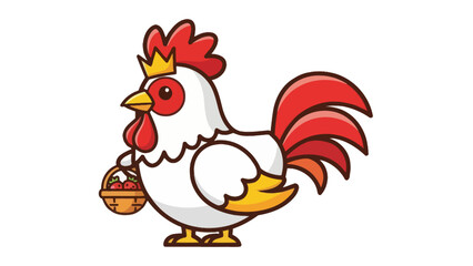Cute Cartoon Rooster Wearing Crown and Holding Strawberry Basket