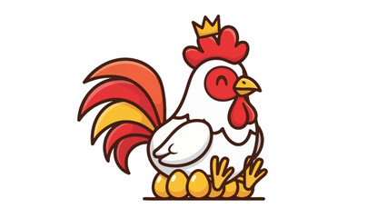Cute cartoon rooster wearing a crown sits on eggs.