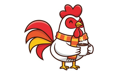 Cartoon Rooster Character Enjoying a Hot Drink in Winter