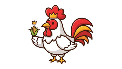 Cartoon Rooster King proudly holding a corn cob on a white background