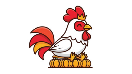 Cute cartoon rooster wearing a crown and sitting on a row of pumpkins.